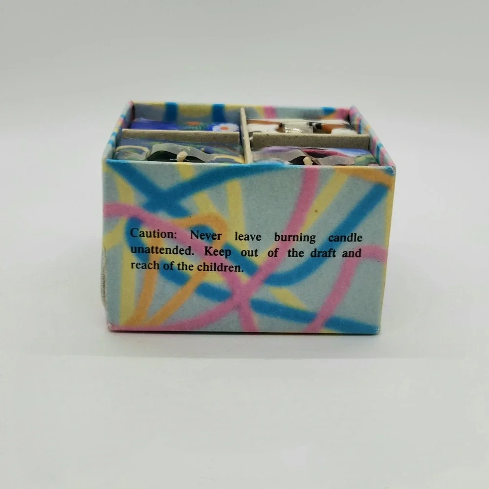 Vintage Glowing Candle Set 4pc Handmade Multi Color Abstract Floral Votive Box